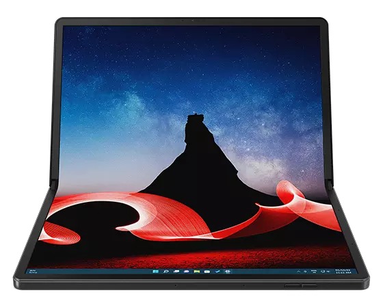 Front-facing Lenovo ThinkPad X1 Fold foldable PC in laptop mode (without keyboard).