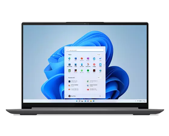 Vooraanzicht van Yoga Slim 7 Pro Gen 7 (14" AMD) laptop, geopend, met toetsenbord en beeldscherm met Windows 11