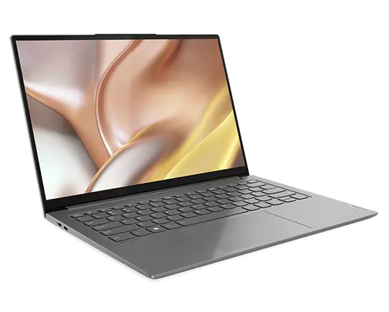 Linkerzijkant van Yoga Slim 7 Pro Gen 7 (14" AMD) laptop, geopend, met toetsenbord en scherm met gele, bruine en witte wervelingen
