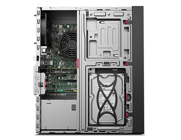 Lenovo ThinkStation P330 Tower, left side view with side panel removed showing internals.