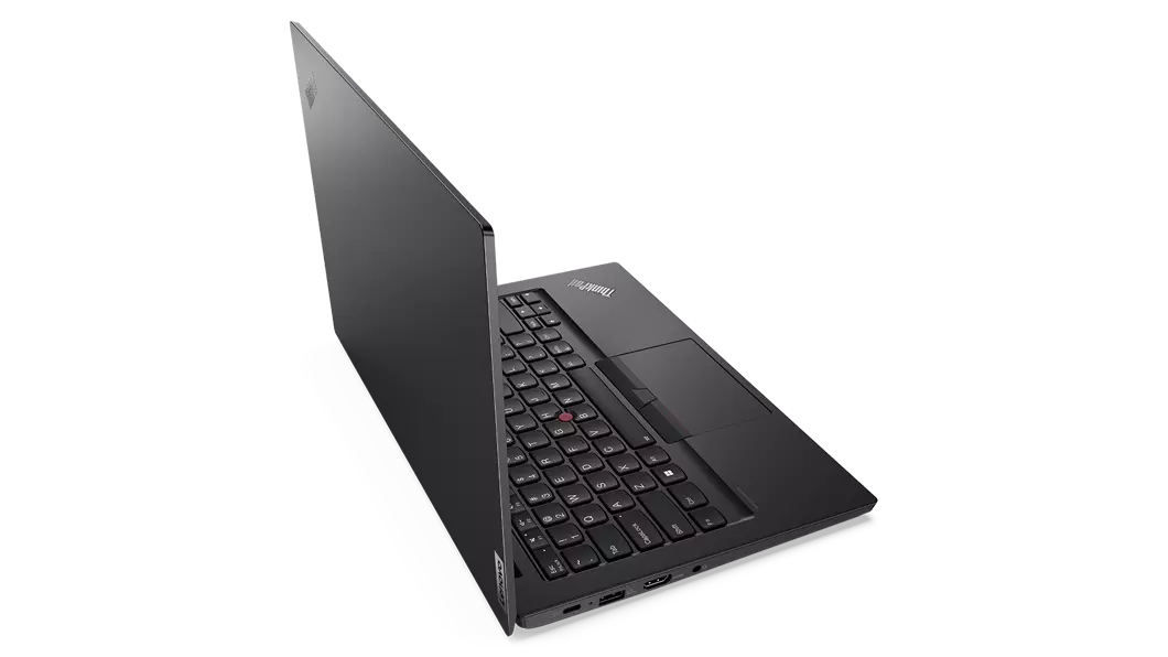 Rear view of ThinkPad E14 Gen 4 business laptop, opened 90 degrees, showing top cover and part of keyboard
