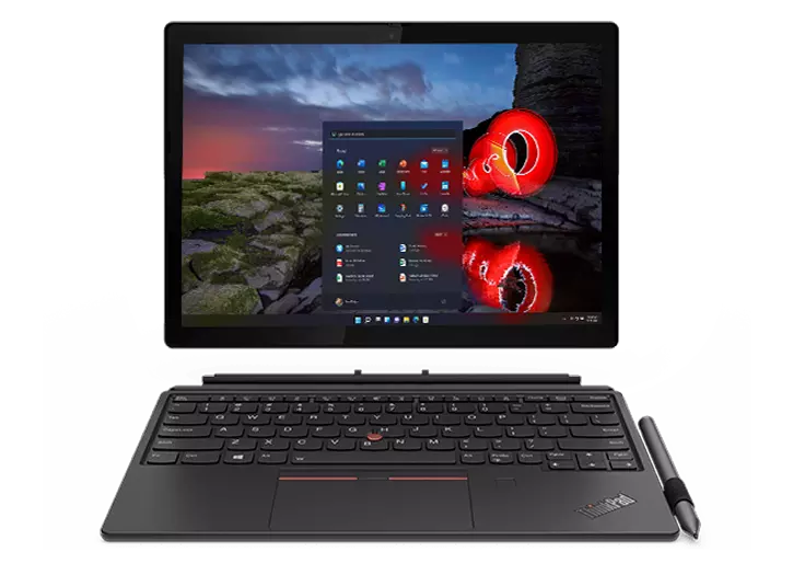 Lenovo ThinkPad X12 Detachable tablet with optional keyboard / pen detached, facing front.
