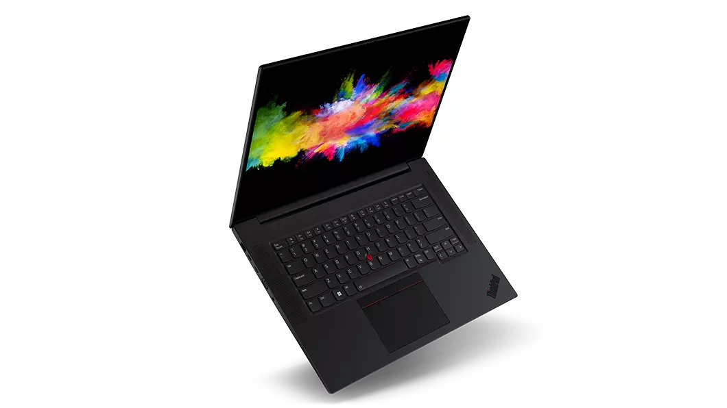 Floating Lenovo ThinkPad P1 Gen 5 mobile workstation open 100 degrees, showing keyboard and display.