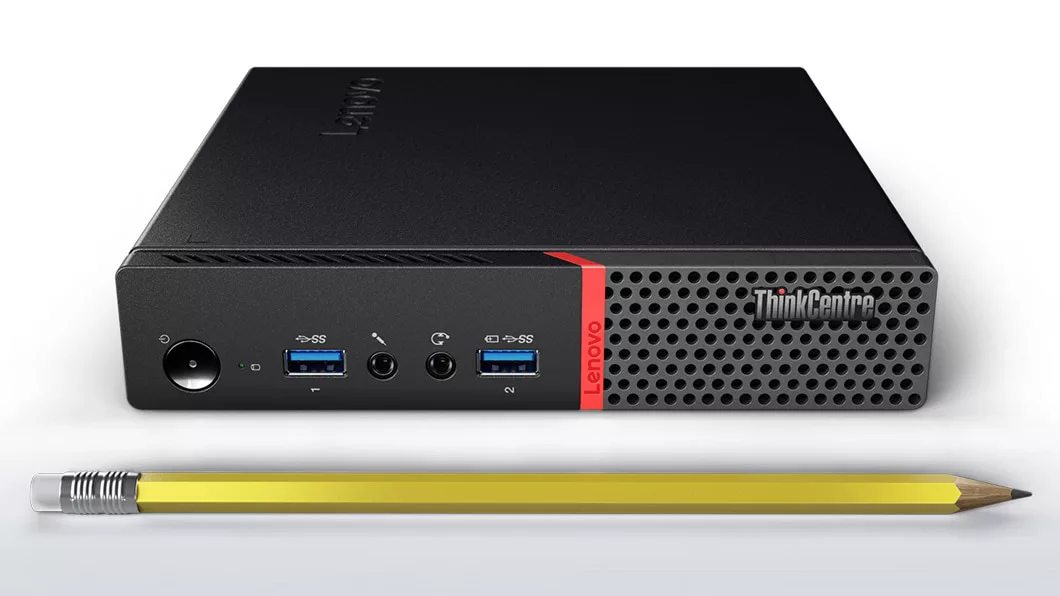 Lenovo ThinkCentre M700 Tiny, front view beside pencil to show size
