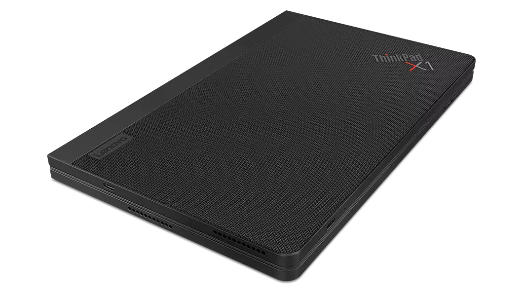 Lenovo ThinkPad X1 Fold folded over, showcasing 100% recycled PET* plastic Woven Performance Fabric top cover.