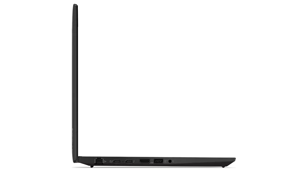 Left-side view of ThinkPad T14 Gen 3 (14 AMD), opened at 90 degrees. showing thin edge of display and keyboard