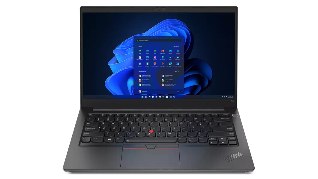 Front facing ThinkPad E14 Gen 4 business laptop, opened 90 degrees, showing keyboard and display with Windows 11