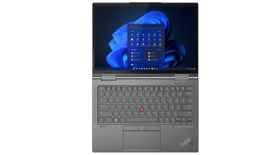 Overhead shot of Lenovo ThinkPad X1 Yoga Gen 7 2-in-1 laptop open 180 degrees showing keyboard and display.