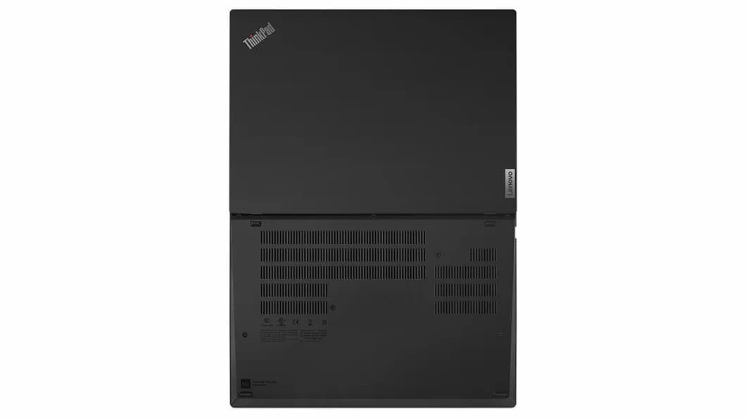 Aerial view of ThinkPad T14 Gen 3 (14 Intel), opened 18 degrees ,laid flat showing front and rear covers