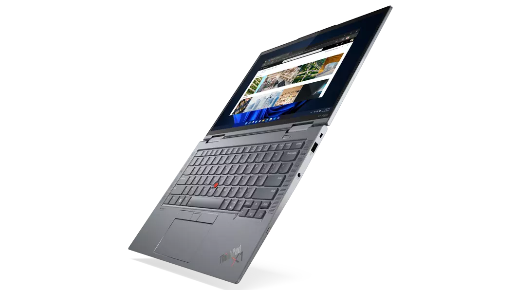Lenovo ThinkPad X1 Yoga Gen 7 2-in-1 laptop open 180 degrees, positioned vertically and showing right-side ports.