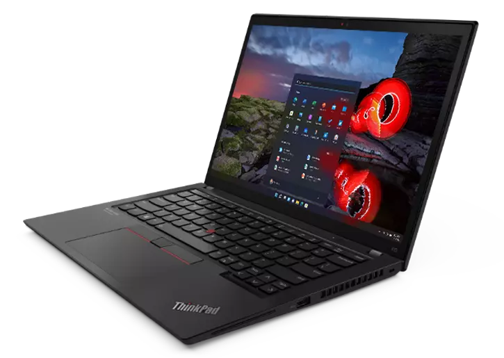 Lenovo ThinkPad X13 Gen 2 (13, amd) laptop – ¾ right-front view, with lid open and image of seascape red white motion blurs on the display
