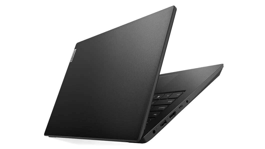 Left side view of Lenovo V14 Gen 3 (14, AMD) laptop, opened slightly in a V-shape, showing front cover and part of keyboard