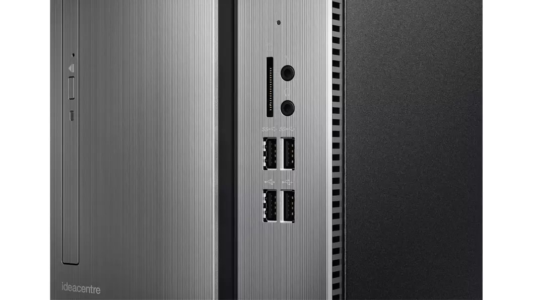 Lenovo Ideacentre 510, front detail view of ports and optical drive