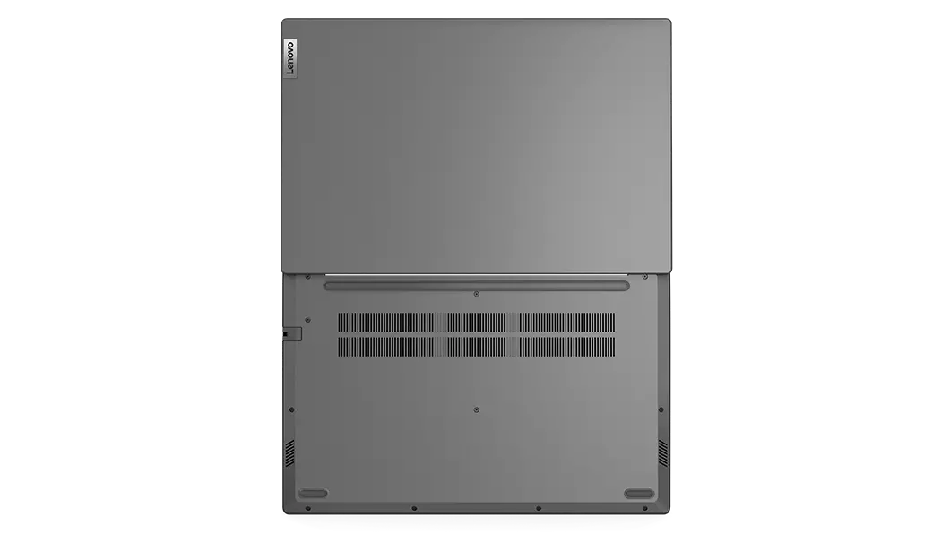 Aerial view of Lenovo V15 Gen 3 (15, Intel) laptop, opened flat 180 degrees, showing top and rear covers