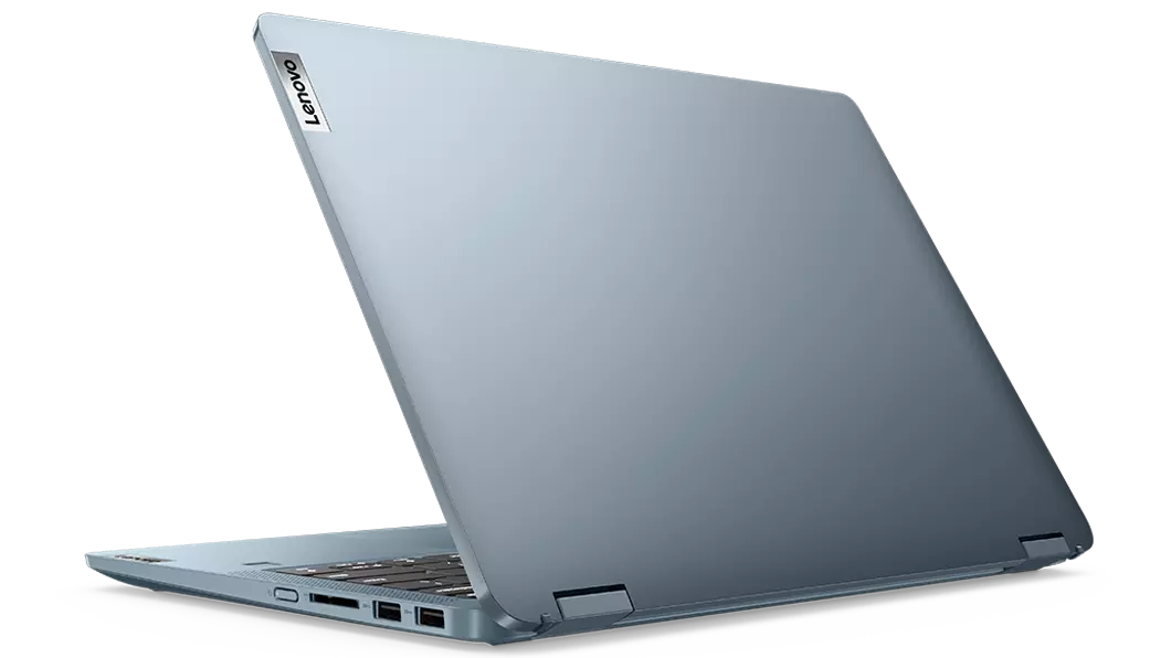 Lenovo IdeaPad Flex 5 Gen 7 (14, AMD) 2-in-1 laptop—¾ right rear view, laptop mode, lid partially open