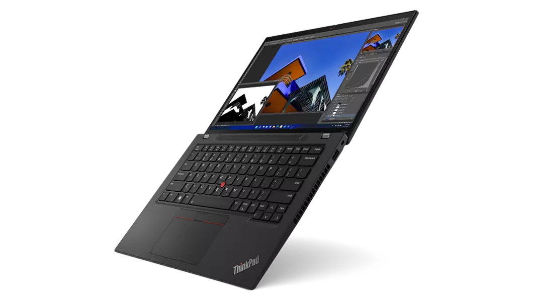 Lenovo ThinkPad P14s Gen 3 laptop open 180 degrees showing keyboard, display, & right-side ports.