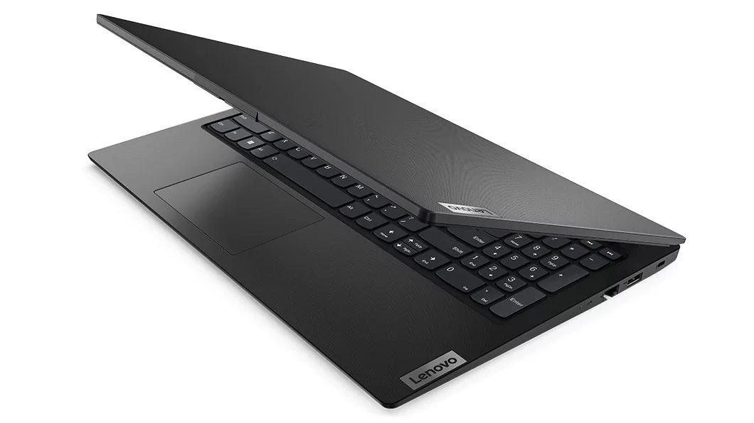Right side view of Lenovo V15 Gen 3 (15,  AMD) laptop, slightly opened, showing front cover and part of keyboard