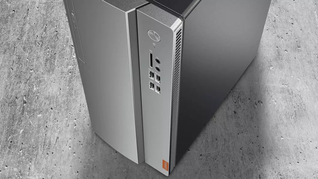 Lenovo Ideacentre 510, front right overhead view of desktop sitting on surface