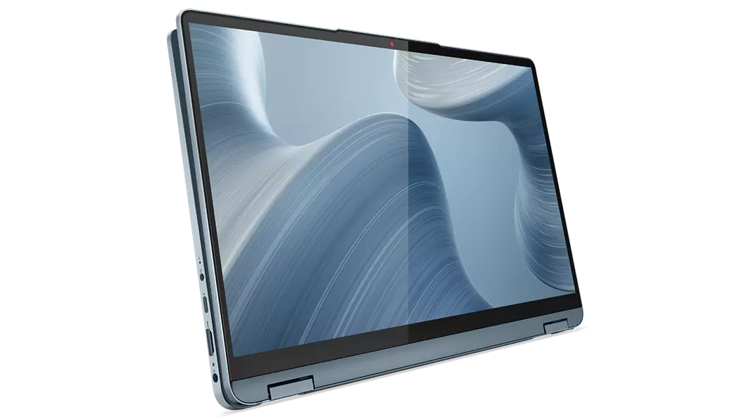 Angle view of the 14, IdeaPad Flex 5i in tablet mode, showing the display depicting a gray swirling wallpaper screen