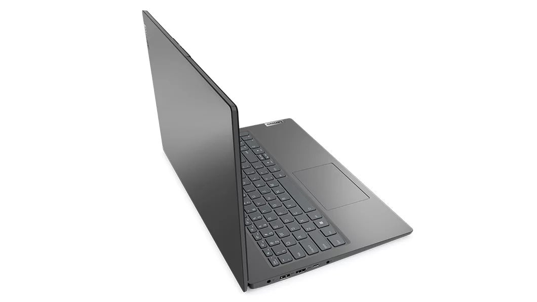 Left side view of Lenovo V15 Gen 3 (15, AMD) laptop, opened, showing front cover and part of keyboard