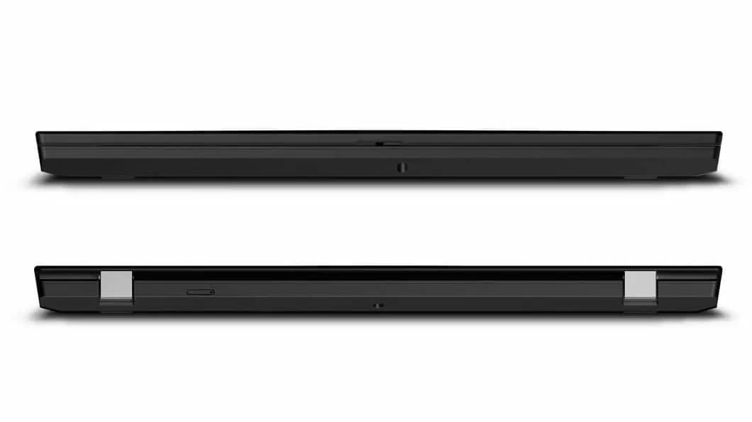 Two closed Lenovo ThinkPad P15v laptops showing the front and back of the machines