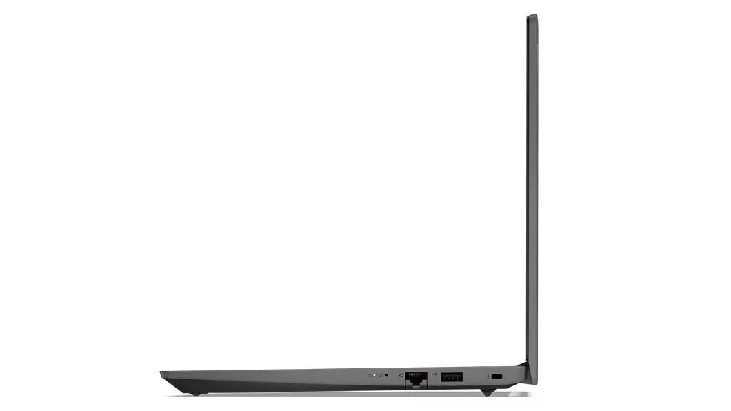 Right side profile of Lenovo V14 Gen 3 (14, AMD) laptop, opened, showing edge of display & keyboard, & ports