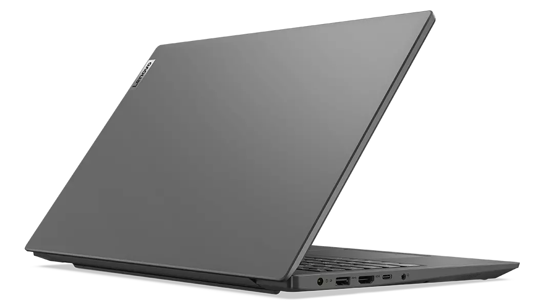 Rear facing, right-side view of Lenovo V15 Gen 3 (15, Intel) laptop, opened 50 degrees, showing rear cover and part of keyboard