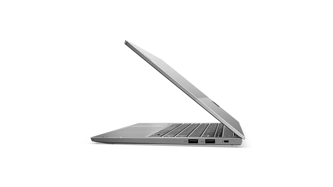 Right side view of the Lenovo ThinkBook 13s Gen (Intel) laptop, open at an acute angle