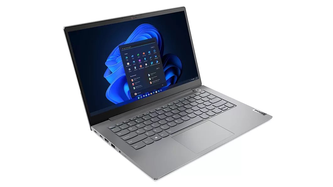 Lenovo ThinkBook 14 Gen 4 (14" AMD) laptop – ¾ left-front view from slightly above, lid open