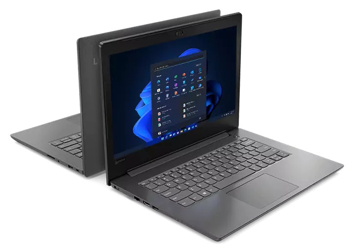 Two back-to-back Lenovo V130 (14) laptops open 90 degrees.