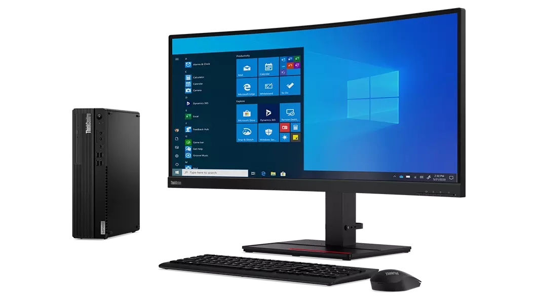 Right side view of Lenovo ThinkCentre M75s Gen 2 placed next to monitor, keyboard and mouse