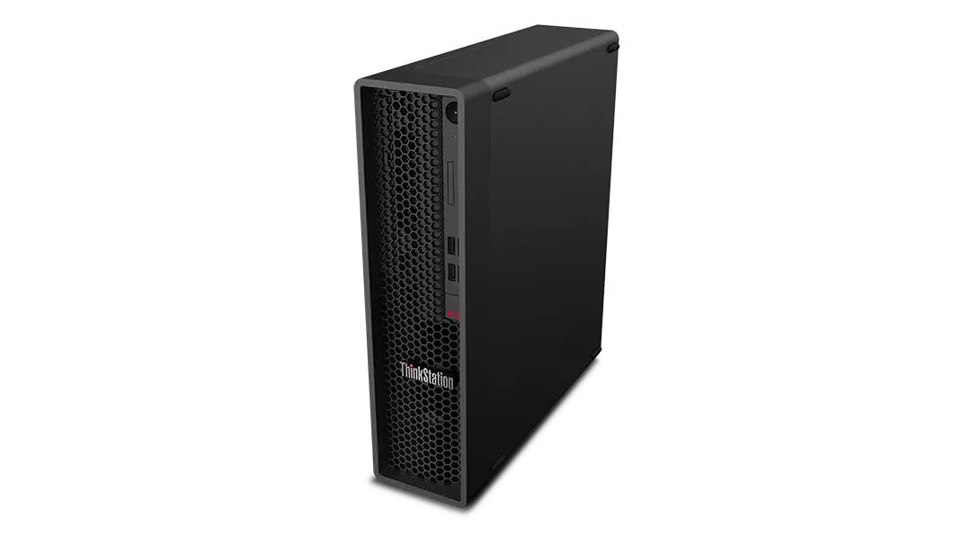 Lenovo ThinkStation P350 SFF workstation—front view, ¾ right-front view from top