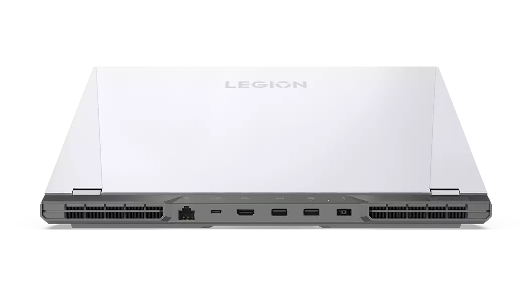 Rear view of Lenovo Legion 5i Pro Gen 7 (16, Intel) gaming laptop, Glacier White model, closed, showing ports