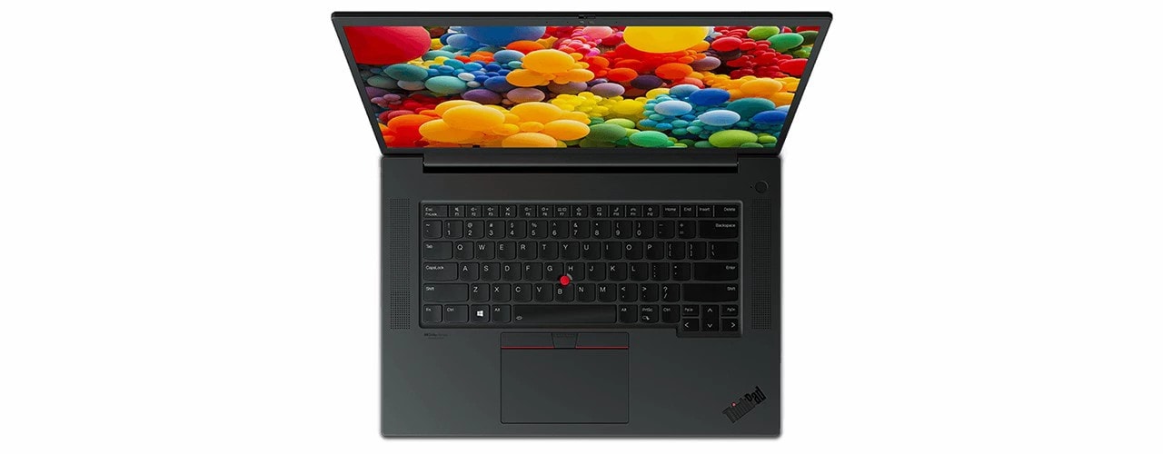 Overhead shot of Lenovo ThinkPad P1 Gen 4 mobile workstation keyboard with display, open 90 degrees.