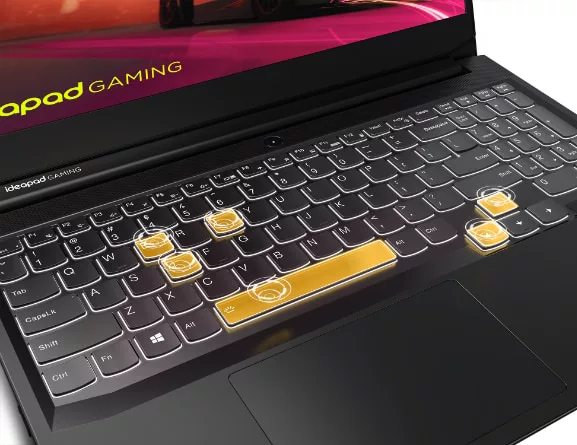 Lenovo IdeaPad Gaming 3 Gen 6 (15, AMD) laptop, closeup of keyboard with common gaming keys highlighted in yellow
