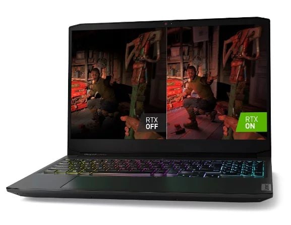 Lenovo IdeaPad Gaming 3 Gen 6 (15, AMD) laptop, front view, open, showing display and an illustration of RTX technology