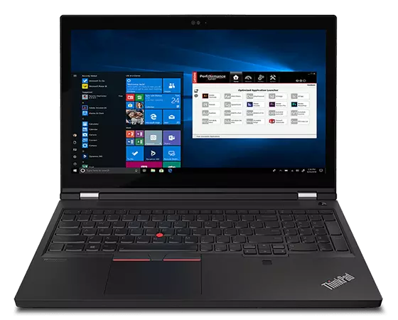 Front facing Lenovo ThinkPad P15 Gen 2 mobile workstation with 15.6" display with Windows 10 Pro and full-sized keyboard with numeric pad.