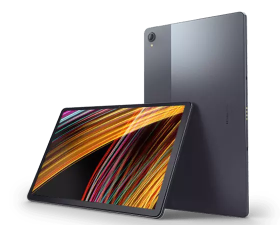 Deux tablettes Lenovo Tab P11 Plus - vue arrière verticale et vue avant horizontale avec des lignes colorées sur l’écran