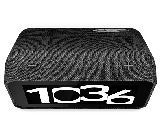 Lenovo Smart Clock Gen 2 in Shadow Black—top view, showing front and rear of unit, with 10:36 on the clock face/display