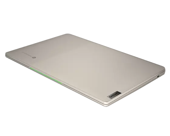 Front left angle view of the IdeaPad 5i Chromebook Gen 6 (14” Intel), showing the display with a satellite landscape screenfill and a Google search bar