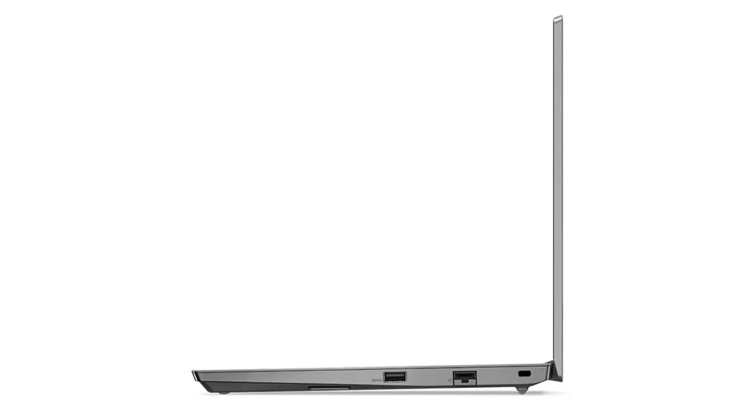 Right side view of Lenovo ThinkPad E14 Gen 4 (14, AMD) laptop, opened 90 degrees, showing display and keyboard edges, and ports