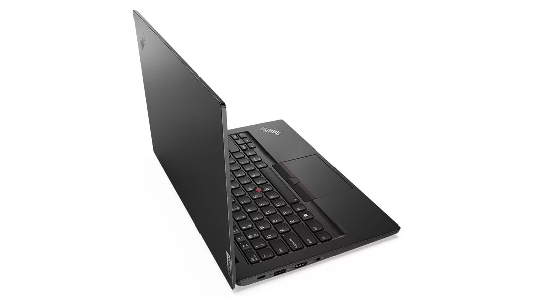 Right side view of Lenovo ThinkPad E14 Gen 4 (14, AMD) laptop, opened 90 degrees, showing keyboard and ports