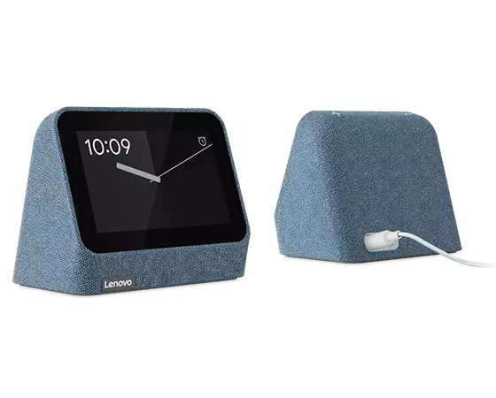 Two Lenovo Smart Clock Gen 2 devices in Abyss Blue—front and rear views, with power cord plugged in and 10:09 with graphic of analog clock hands on the clock face/display