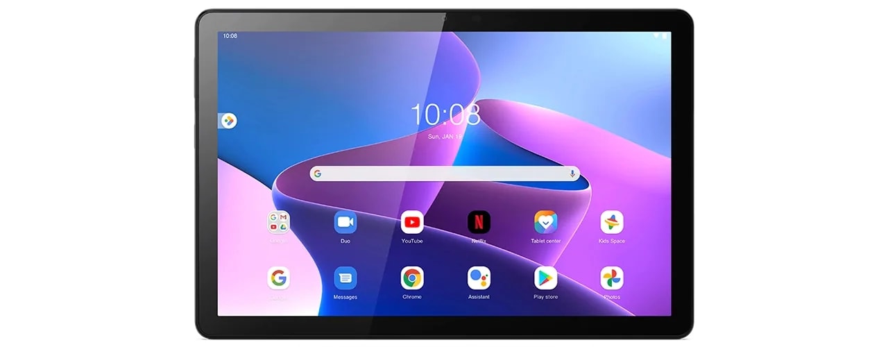 Tab M10 Gen 3 front facing leaning against another rear facing Tab M10.
