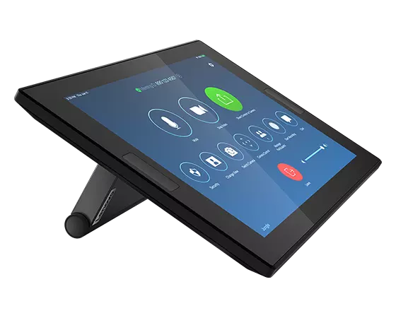 Lenovo ThinkSmart Controller voor Zoom met 10,1''-scherm en linkerkant van de standaard.