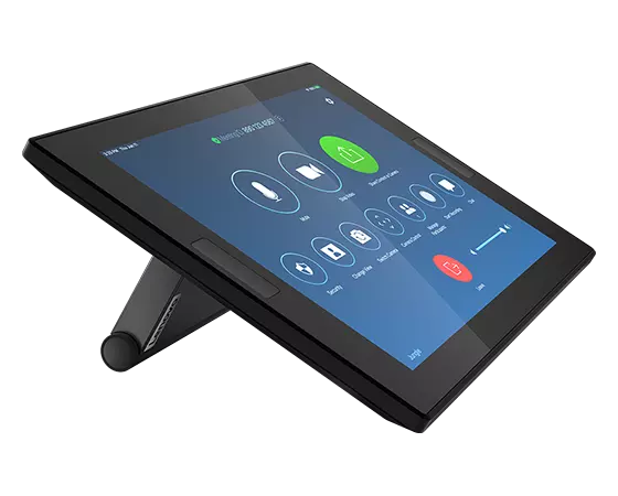 Vista del dispositivo Lenovo ThinkSmart Controller para Zoom con la pantalla táctil de 25,65 cm (10,1'') y el lateral izquierdo del soporte.