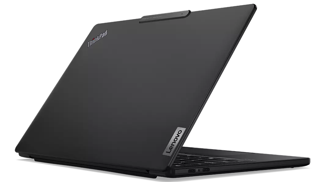 Rear-side of Lenovo ThinkPad X13s laptop open less than 90 degrees and showing left-side ports.