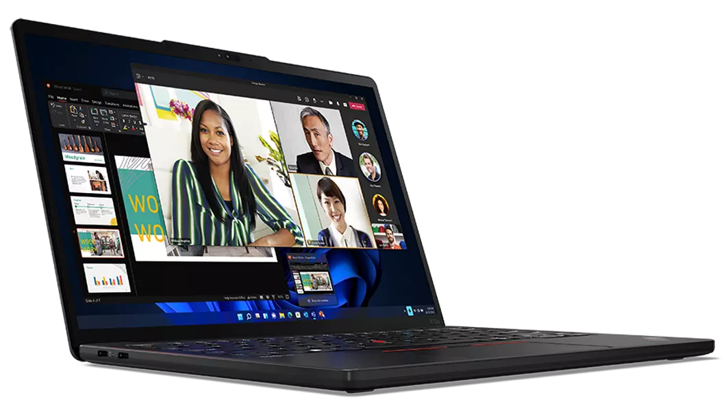 Lenovo ThinkPad X13s laptop open 90 degrees with a videocall on the display, angled to show left-side ports.