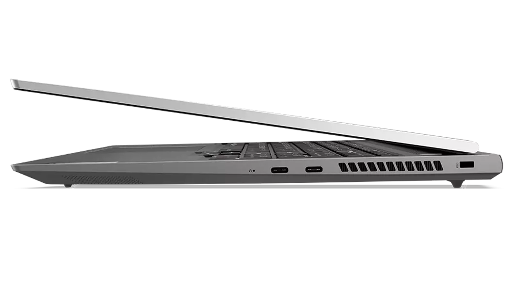 Right side profile of ThinkBook 16p Gen 3 (16, AMD) laptop, opened slightly, showing part of keyboard, top cover, and ports