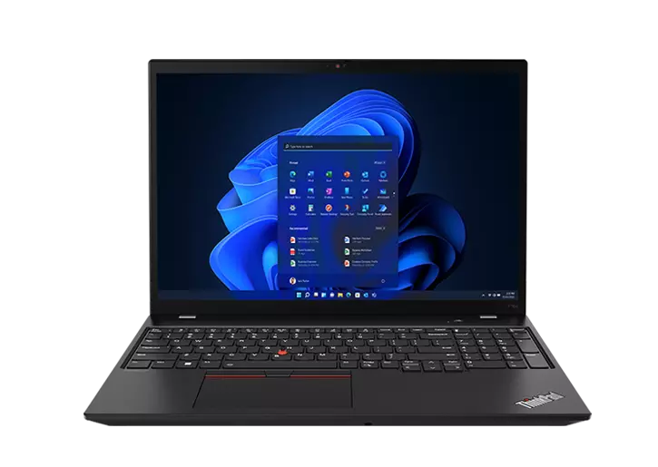 Front facing ThinkPad P16s (16 amd) mobile workstation, opened, showing keyboard and display with windows 11